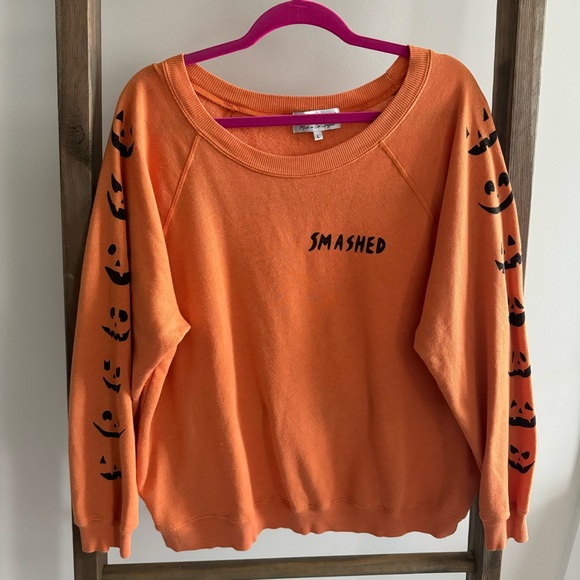Wildfox Orange Smashed Top with Jack-O-Lantern Faces down the Sleeve - Picture 2 of 4